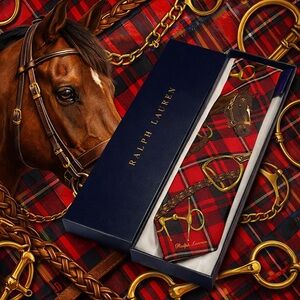 🎁RL HOLIDAY 26’🎁RARE PURPLE LABEL RALPH LAUREN EQUSTRIAN STIRRUP RED TARTAN TIE🔥